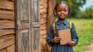 a young african girl in school uniform stands outside a rural classroom with a notebook in her hands photo